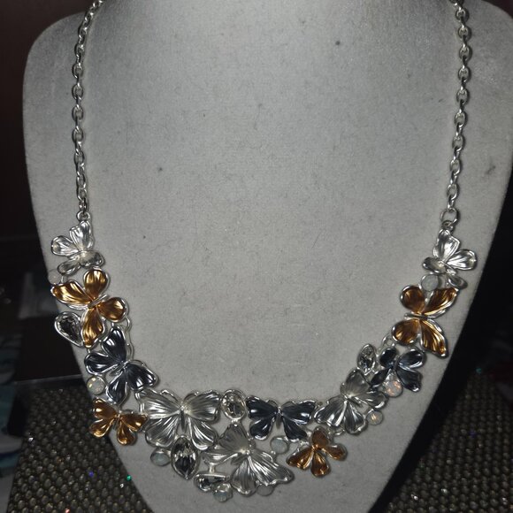 Butterfly and Jewels silver, gold and pewter tones with matching silver earings - Picture 1 of 4